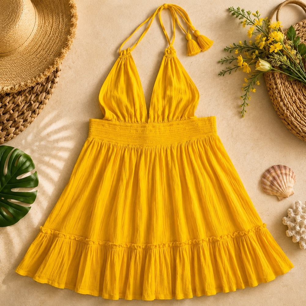 Forever 21 Yellow Embroidered Halter Mini Dress Floral Bird Tassel Large - Picture 3 of 11